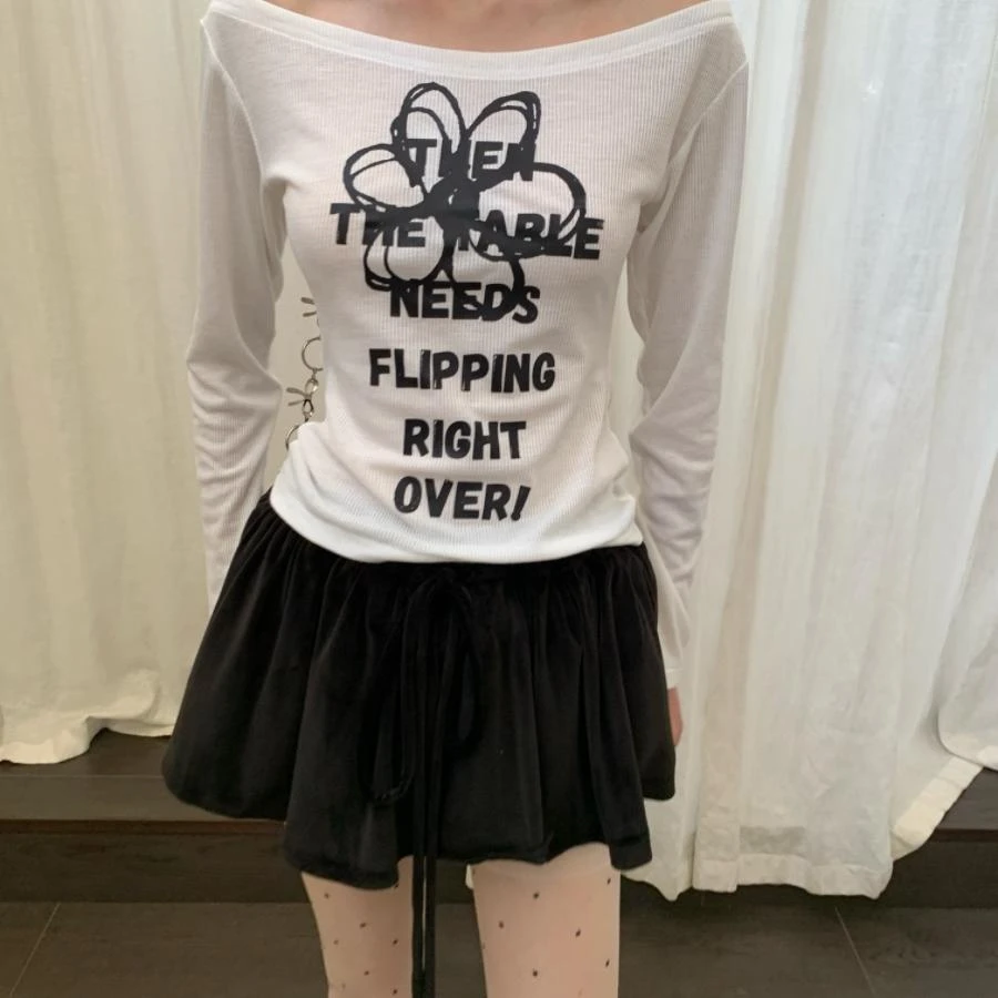 制造后花园*Herstory系列女性主义slogan印花一字肩百搭长袖T恤