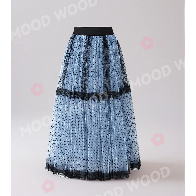 MOOD WOOD 女装黑天鹅春款法式波点三层网纱重工艺蓬蓬半身裙子
