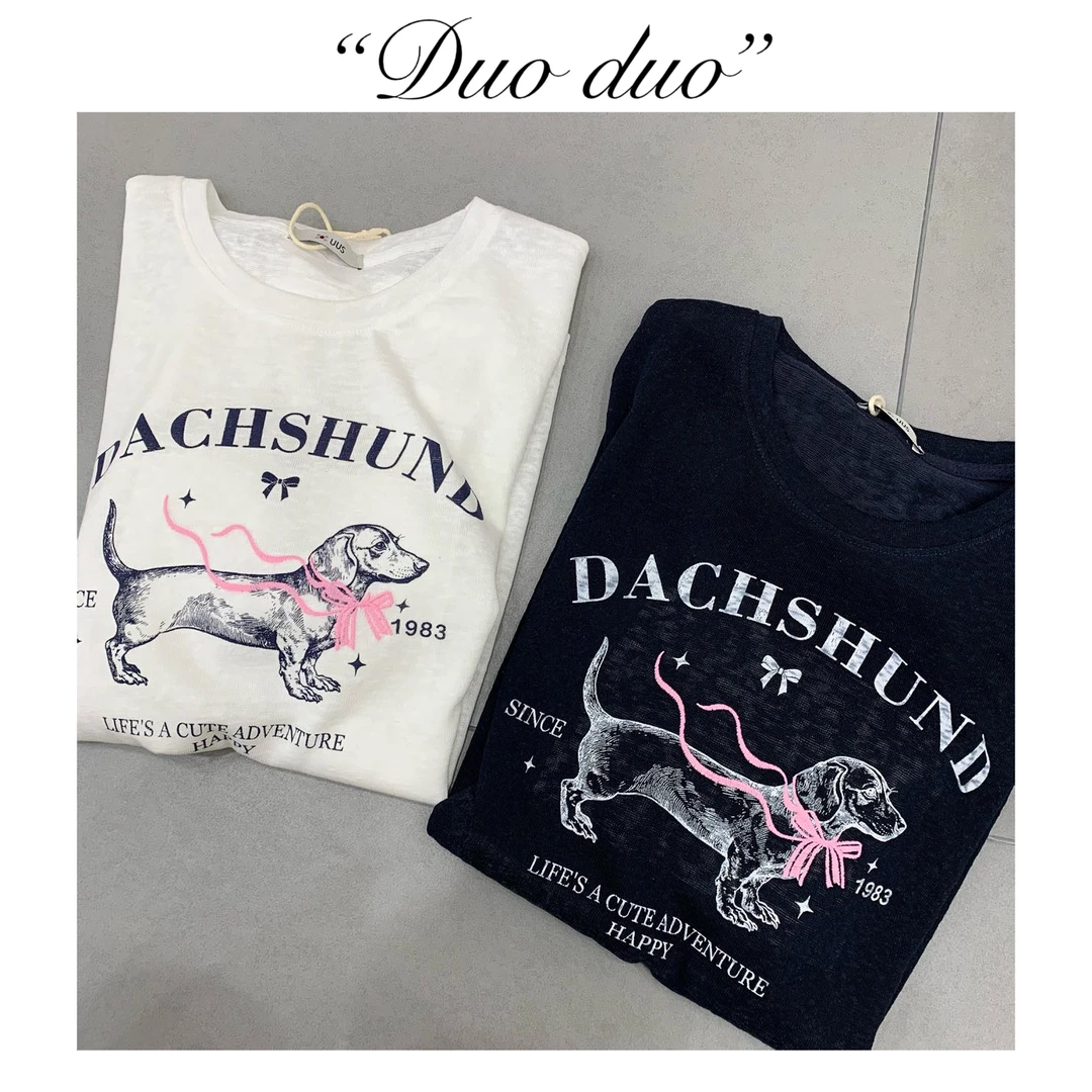 蕾丝腊肠狗 - 韩国单蝴蝶结腊肠狗花边袖可爱休闲女夏季T恤短袖