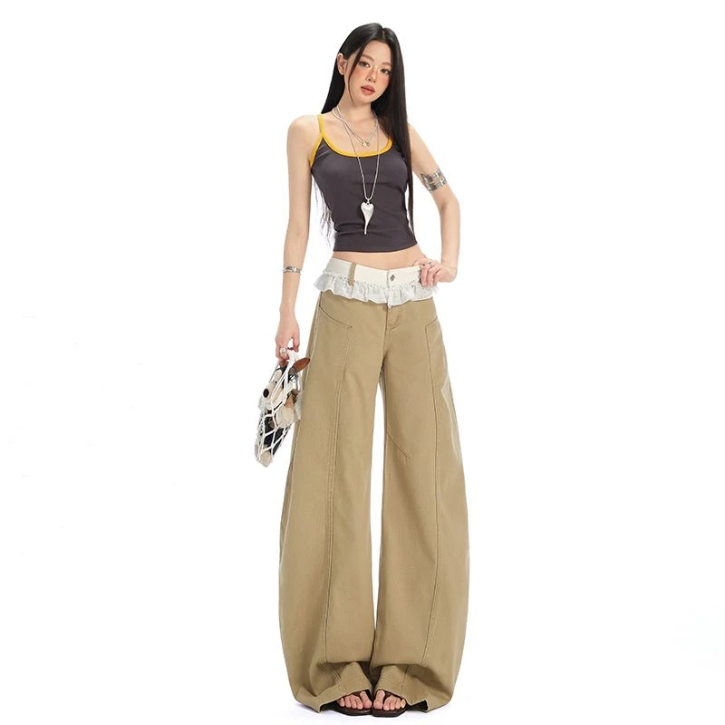 唐采儿美式复古卡其色蕾丝花边弯刀牛仔裤设计感宽松阔腿裤