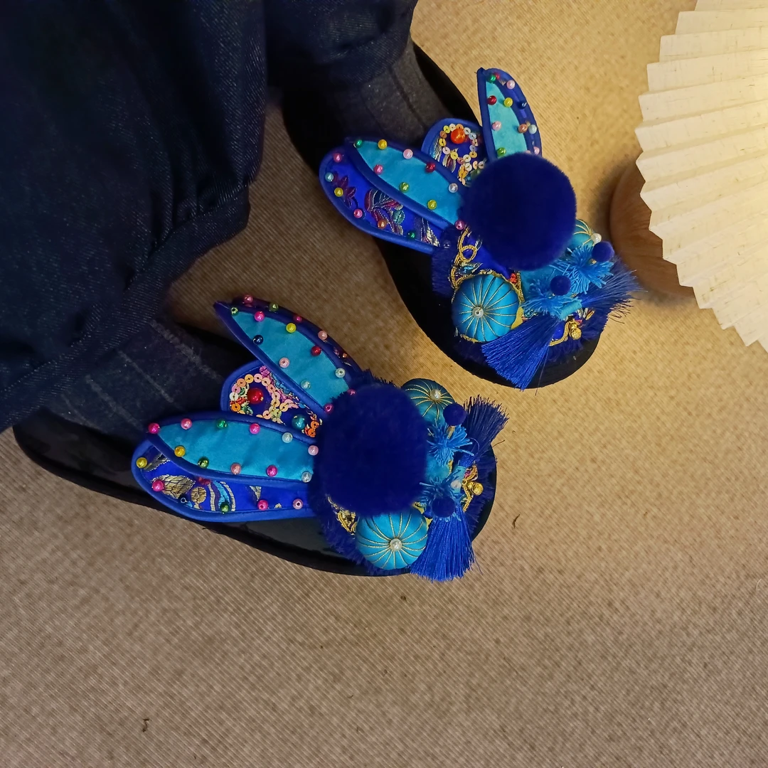 冬款上新·蓝色金蝉千层底布鞋加绒女士复古柔软舒适