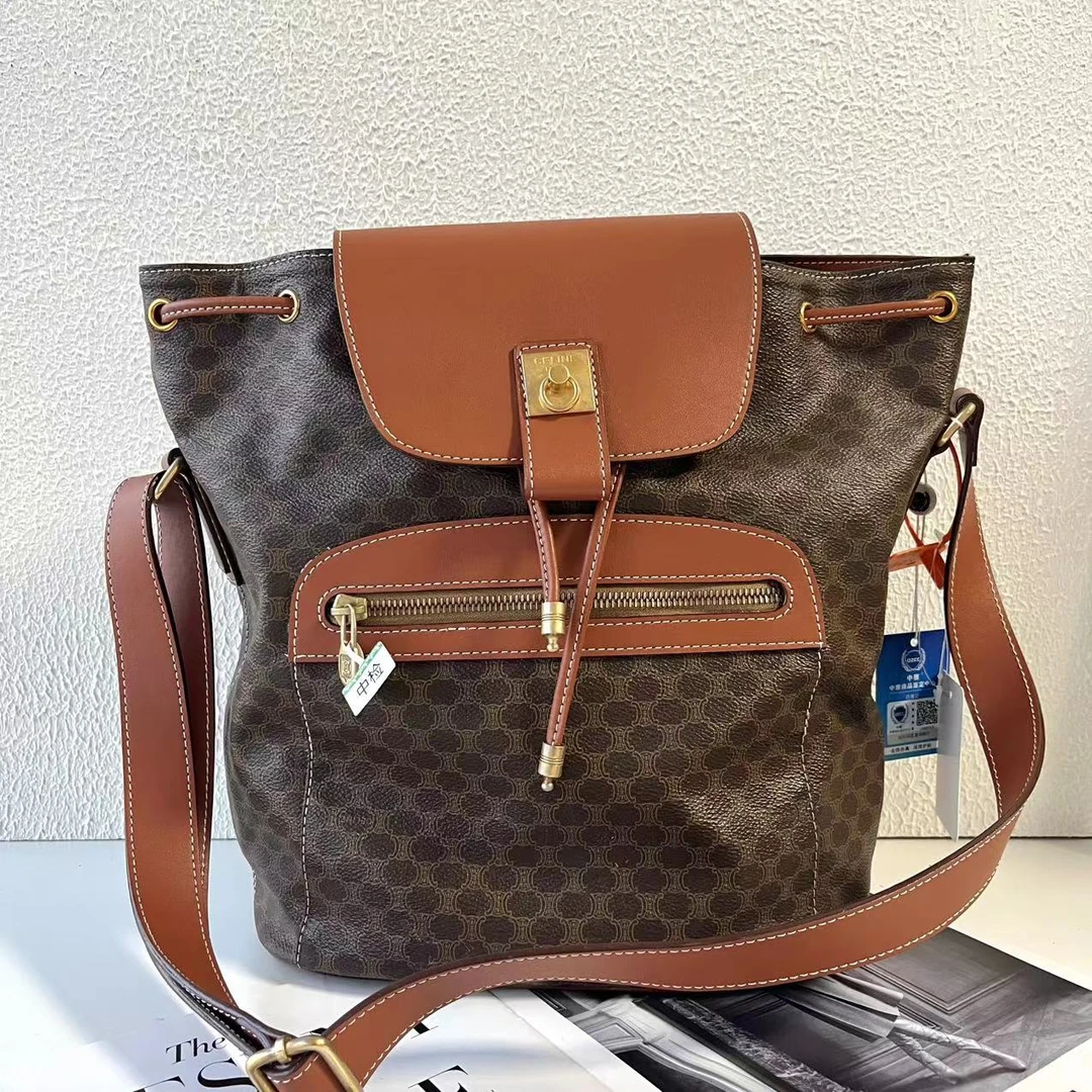 95新 Celine/思琳 XM/经典凯旋门老花抽绳翻盖水桶包WJ03704037换