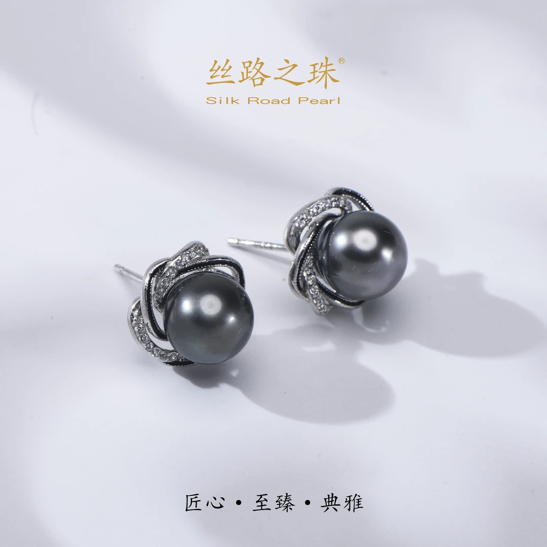 S925银 海水大溪地珍珠耳钉 9-10mm气质经典