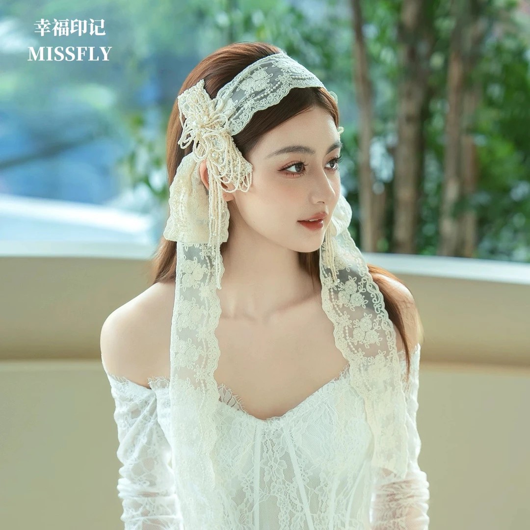 新娘头饰法式蕾丝发带蝴蝶结对夹婚纱配饰品旅拍写真拍照头饰超仙