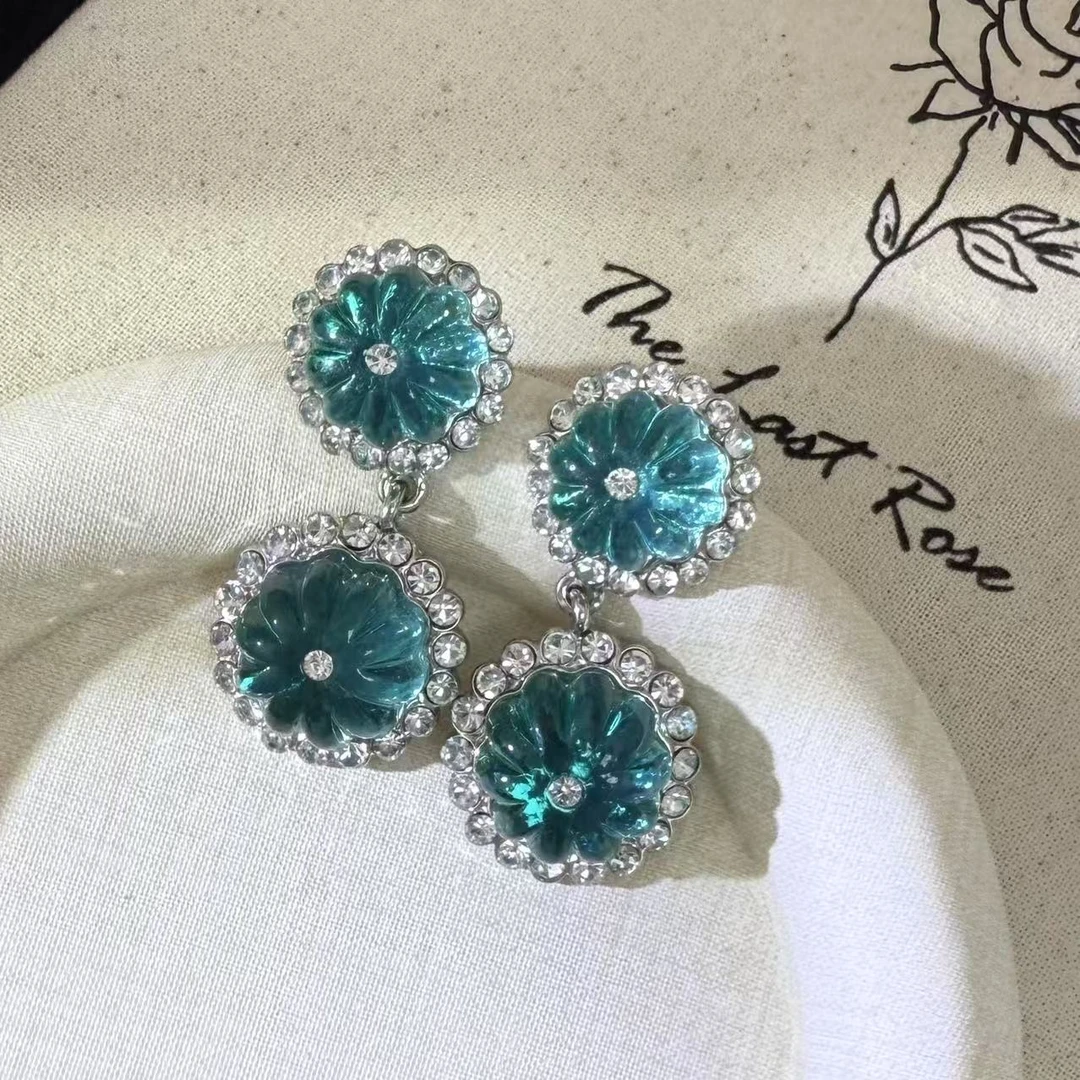 合金琉璃耳饰 花笙（HS551）耳环蓝色绿色复古饰品瑞丽镶嵌拼色