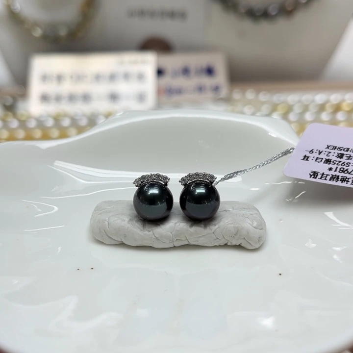 海水珍珠漏大溪地睫毛耳钉9-10mm银S925镶嵌