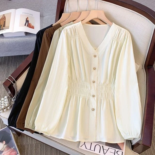 松紧收腰长袖衬衫女秋季新款时尚设计感褶皱衬衣微胖mm大码上衣