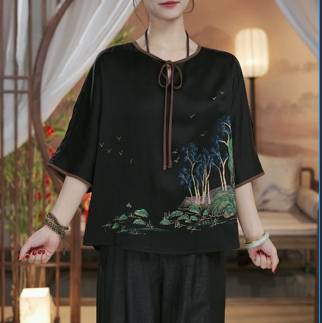 【100%桑蚕丝】手绘香云纱上衣中袖宽松女装国风小衫中式T恤E6653