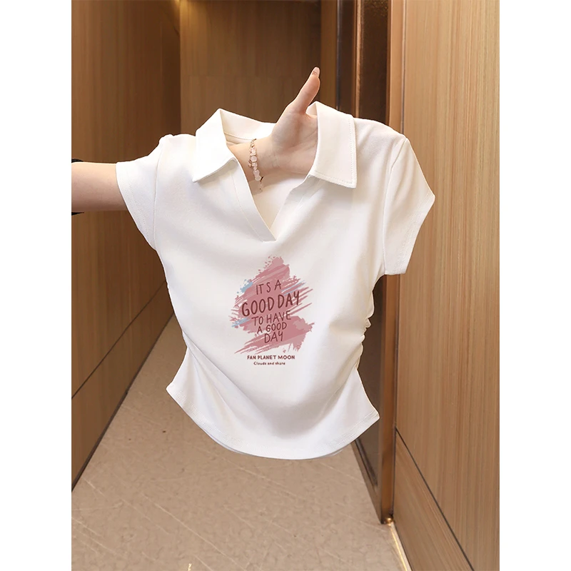 2025年夏季新款设计感褶皱翻领短袖T恤女polo衫短款体恤洋气上衣