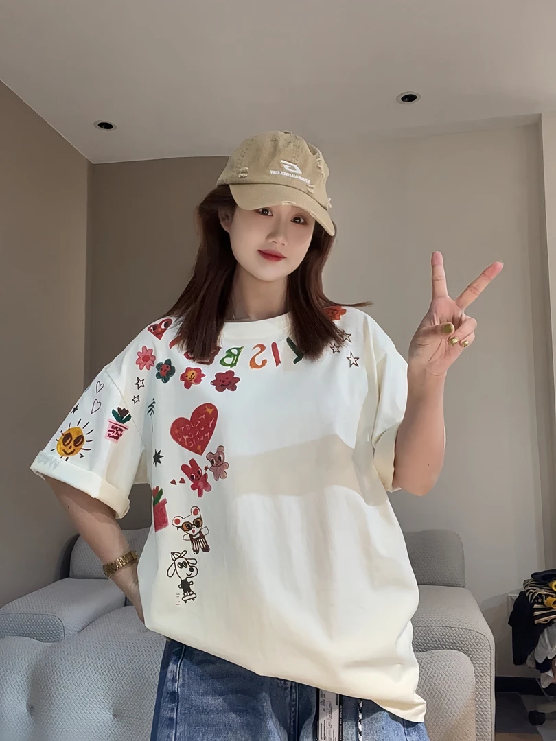 【FANG方方】2025新款涂鸦印花短袖t恤夏季小众宽松潮牌半袖上衣