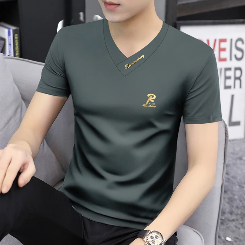 2026新款v领男士修身莫代尔短袖t恤速干半袖透气体恤百搭上衣服装