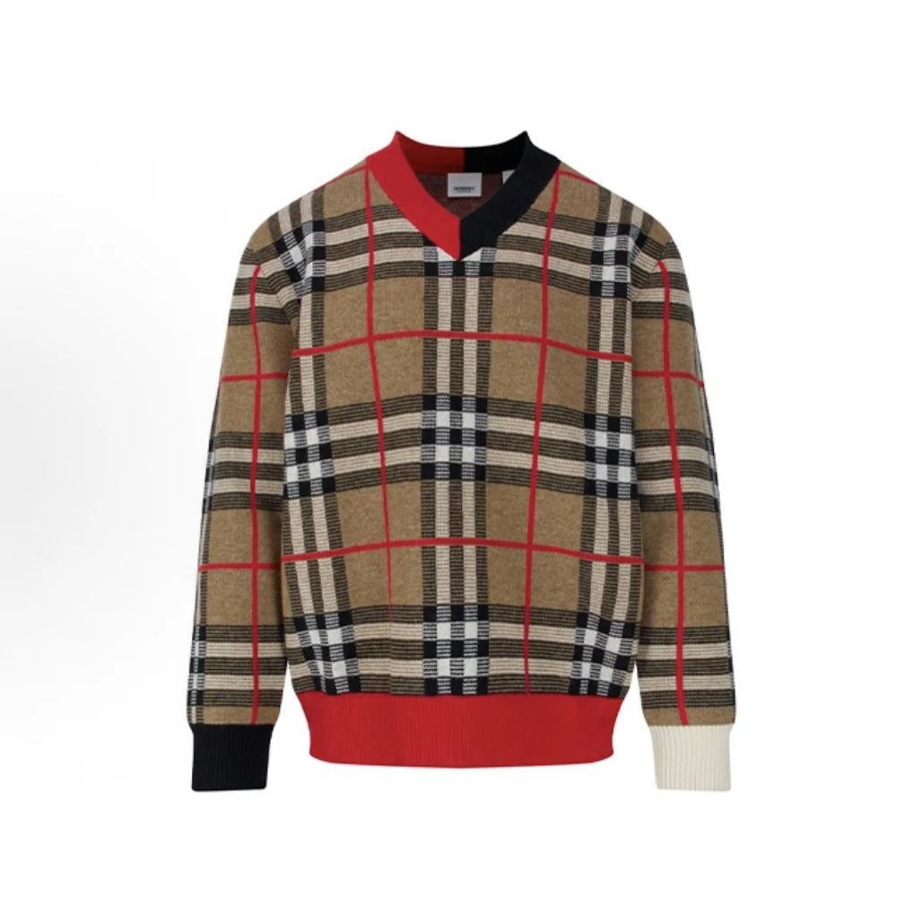 99新 BURBERRY/博柏利 格纹图案提花羊毛衫毛衣棕色/XXS/B01880