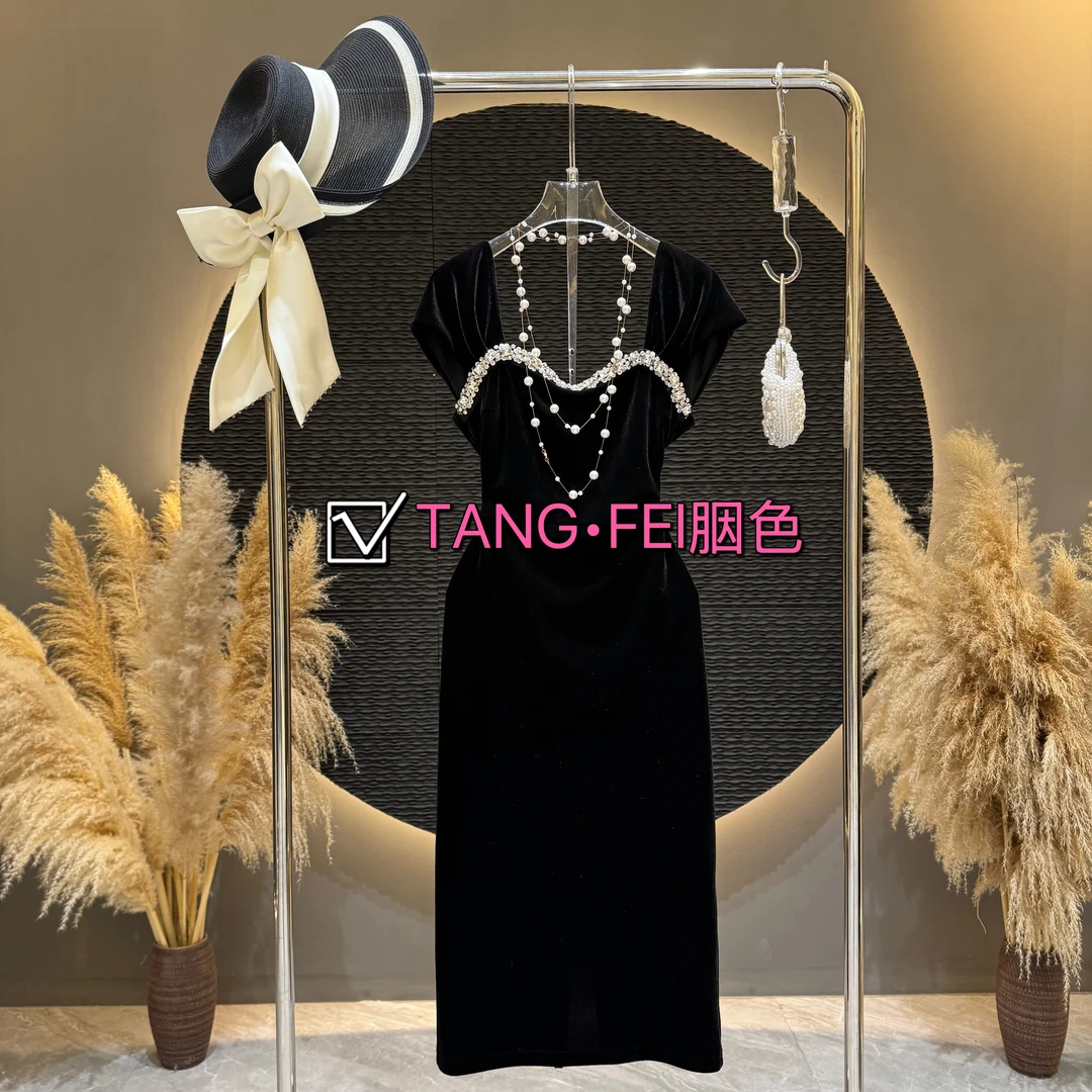 TANG-FEI胭色【巴黎之夜】TF0098气质显瘦纯色中长款连衣裙