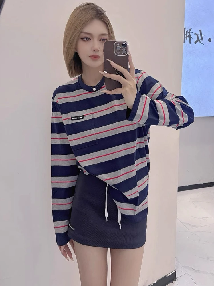 韩系撞色条纹长袖T恤女时尚设计感气质宽松显瘦百搭圆领贴标上衣