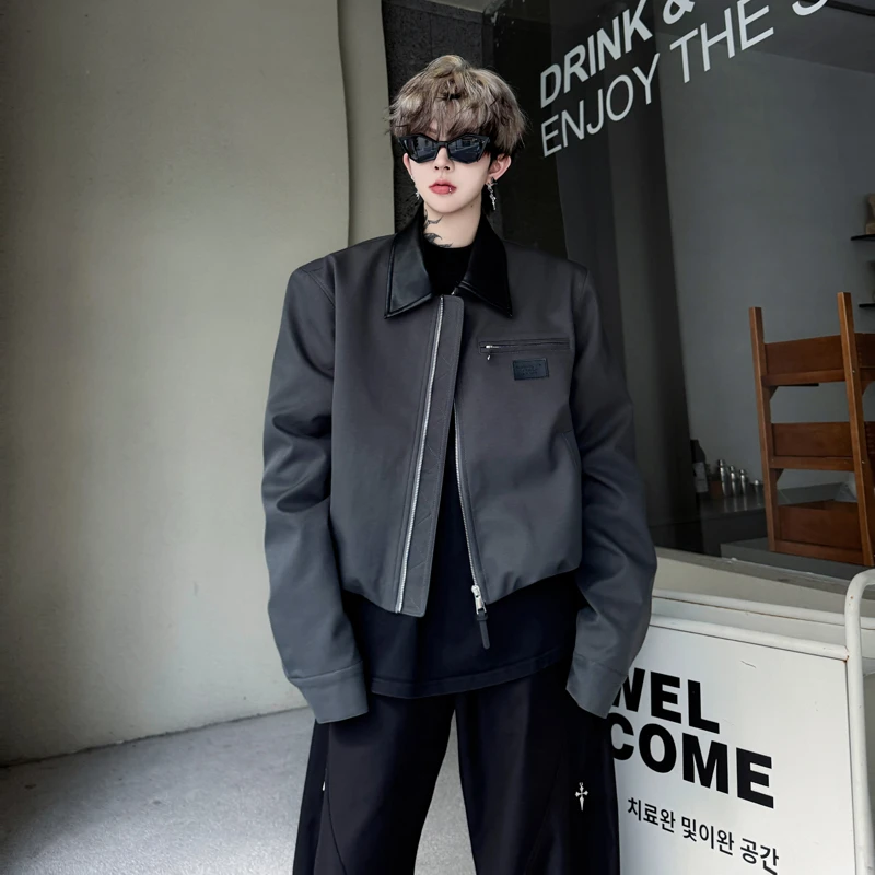 秋冬美式复古巴恩风超短款夹克男小众拼皮领子设计痞帅cleanf外套