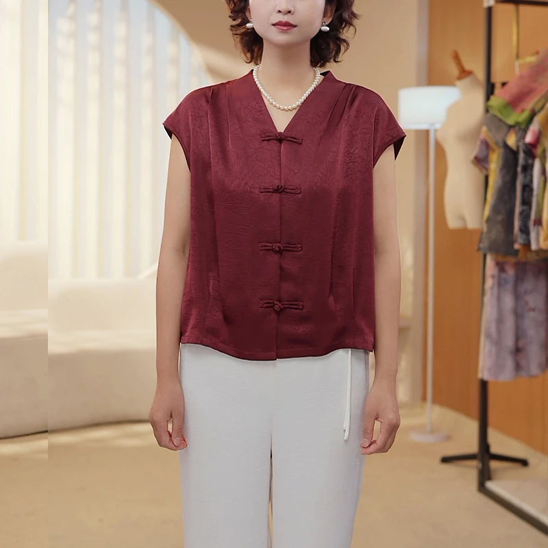 妈妈装夏季气质显瘦V领小飞袖T恤中老年女装国风盘扣洋气小衫8301