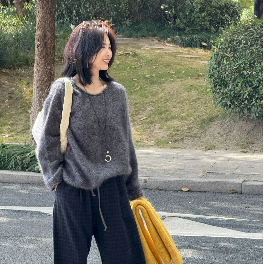 慵懒风宽松全羊毛花纱色织毛衣女复古圆领百搭