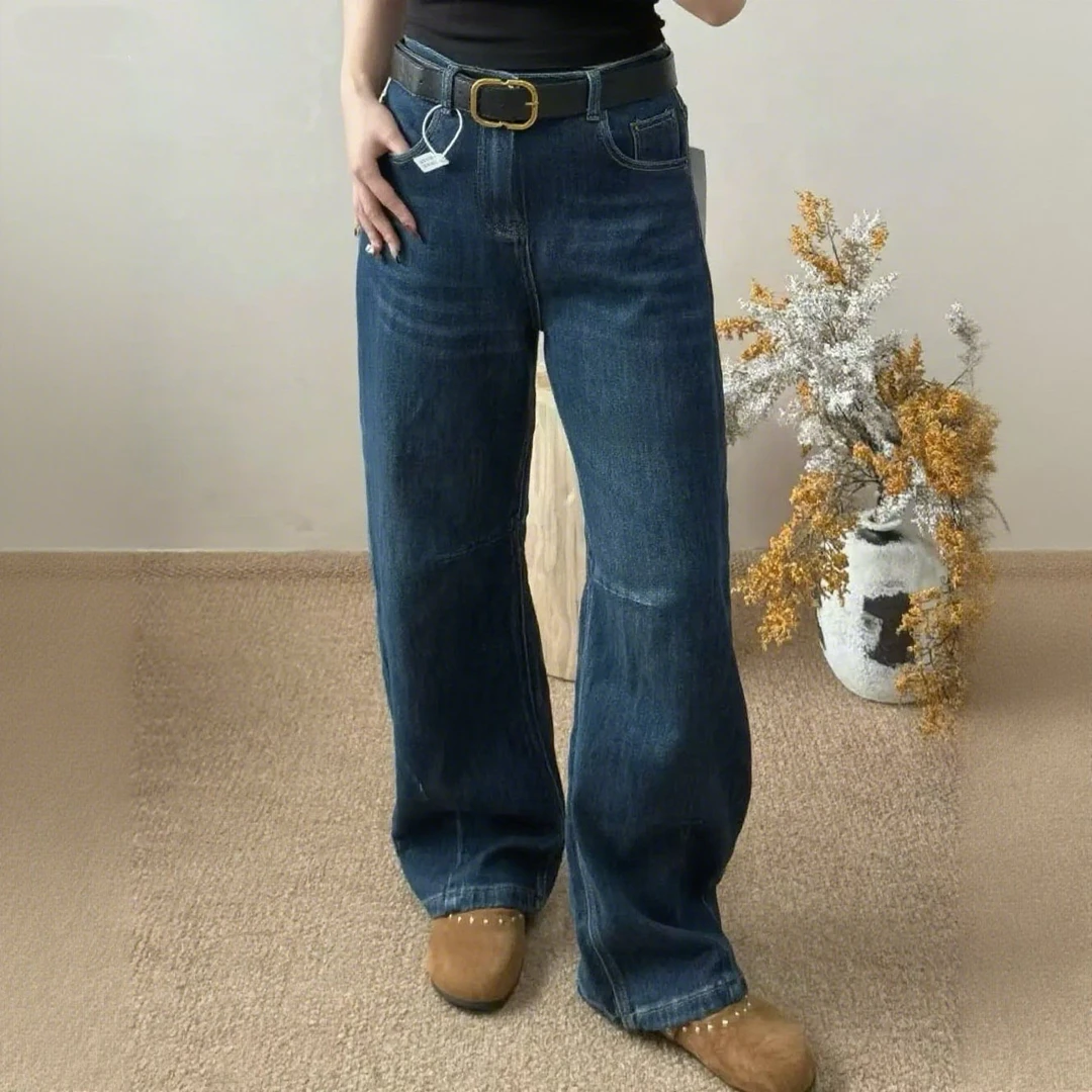 妮妮家66385秋季新款洗水宽松显瘦休闲弯刀直筒牛仔裤