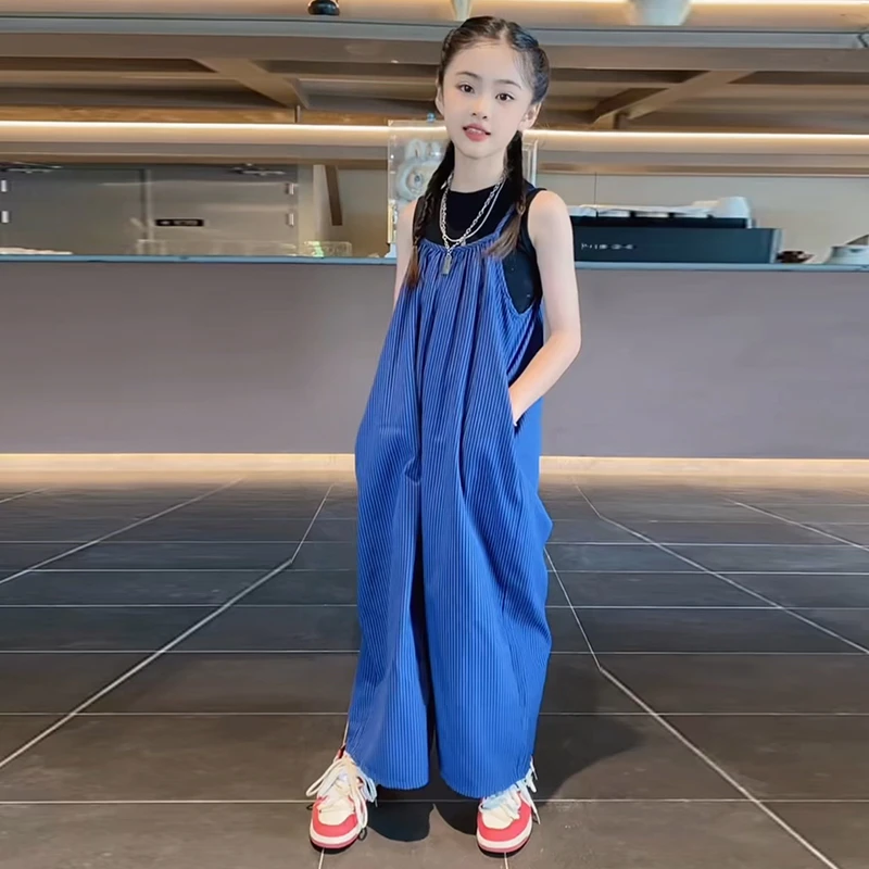女童套装薄款百搭背心高级感宽松条纹背带裤阔腿裤两件套2025夏新