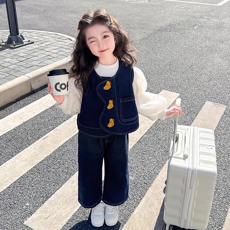 MK&UR.BV女童春秋牛仔直筒裤套装2025新款洋气儿童鸭子宝宝秋装