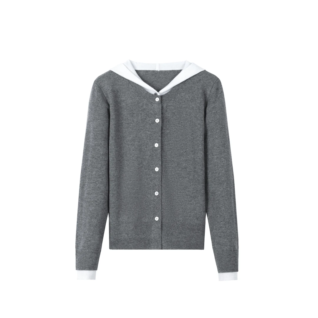 【阿刘】连帽撞色单排扣100%绵羊毛轻奢百搭时尚女款针织衫