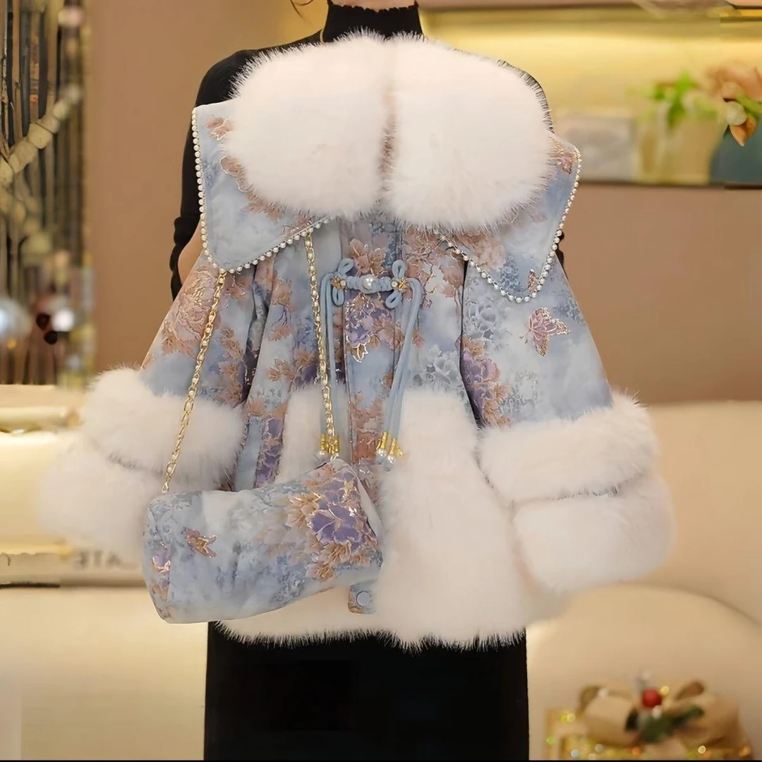 DUOLIQIAN/朵立茜2024冬款国风加绒加厚年服保暖外套大毛领派克服