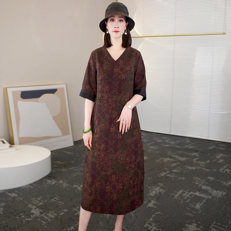 2025夏季非遗服饰大牌杭州香云纱真丝连衣裙女气质妈妈桑蚕丝裙子