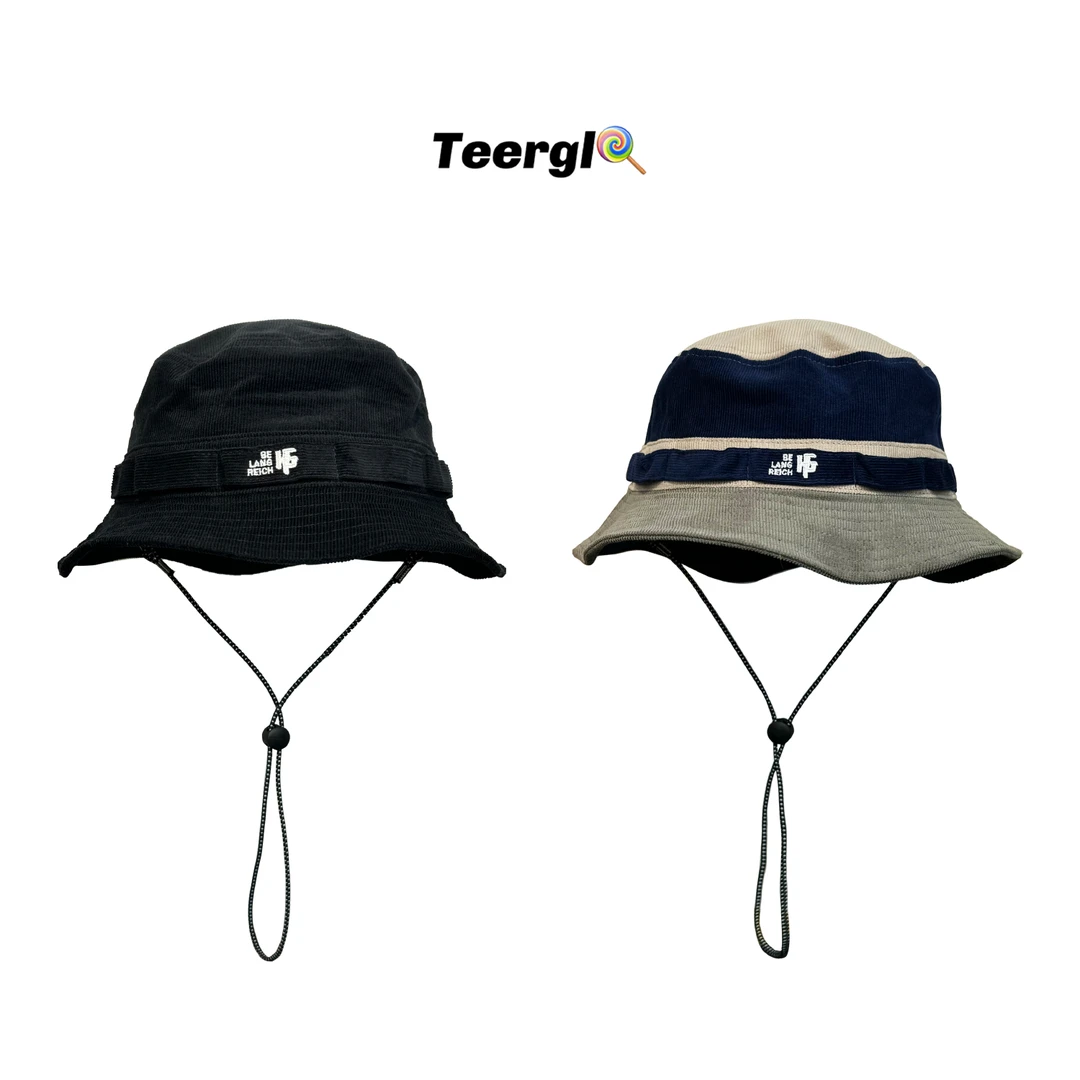 日系户外秋冬潮牌灯芯绒渔夫帽露营徒步旅行抽绳休闲登山帽盆帽男