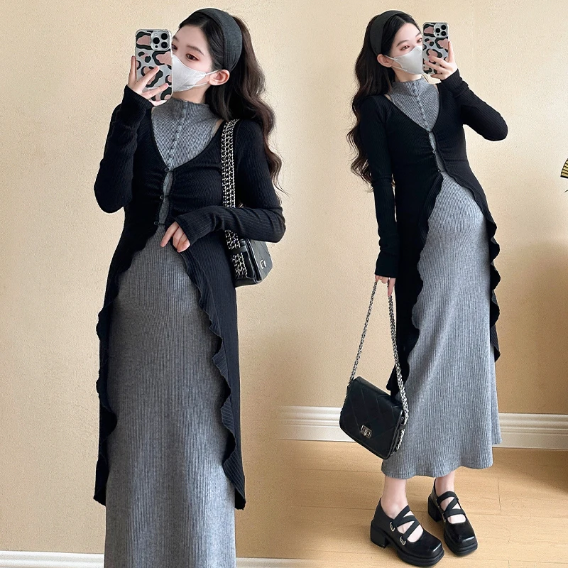 春装辣妈气质孕妇套装高级感中式修身显瘦针织包臀连衣裙长袖开衫