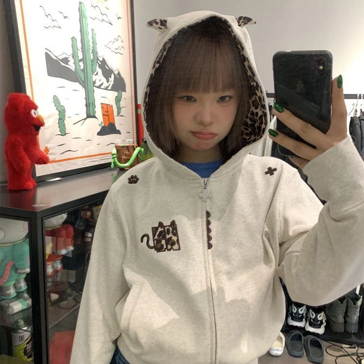 美式高街重工刺绣小恶魔连帽卫衣男女秋季新款休闲情侣拉链外套潮
