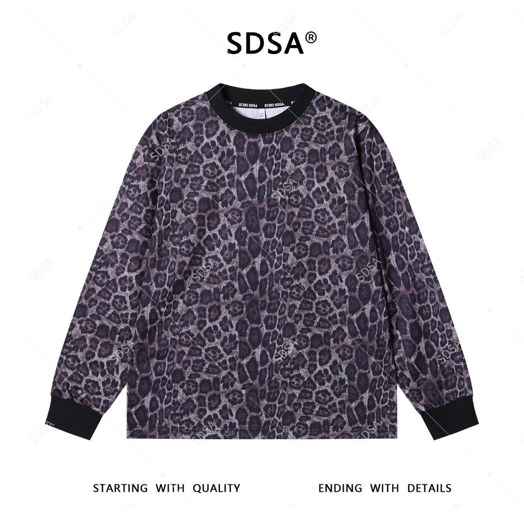 SDSA男士2025新款轻奢痞帅男装撞色豹纹设计圆领长袖T恤休闲网红