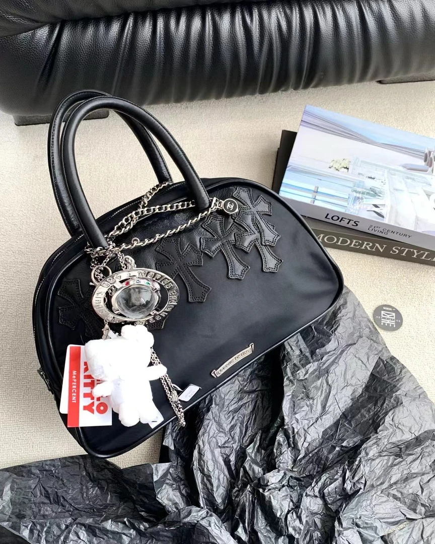 99新 Chrome Hearts/克罗心 黑银尼龙中号保龄球包 34cm 16500669