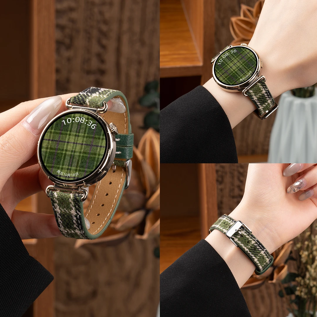 适用华为GT6表带女款GT5/4腕带华为watch5/GT5pro复古格纹皮表带