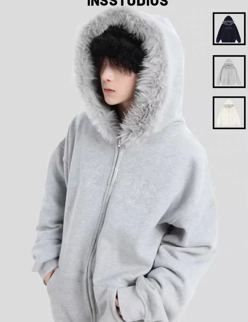 大毛领  灰色卫衣外套