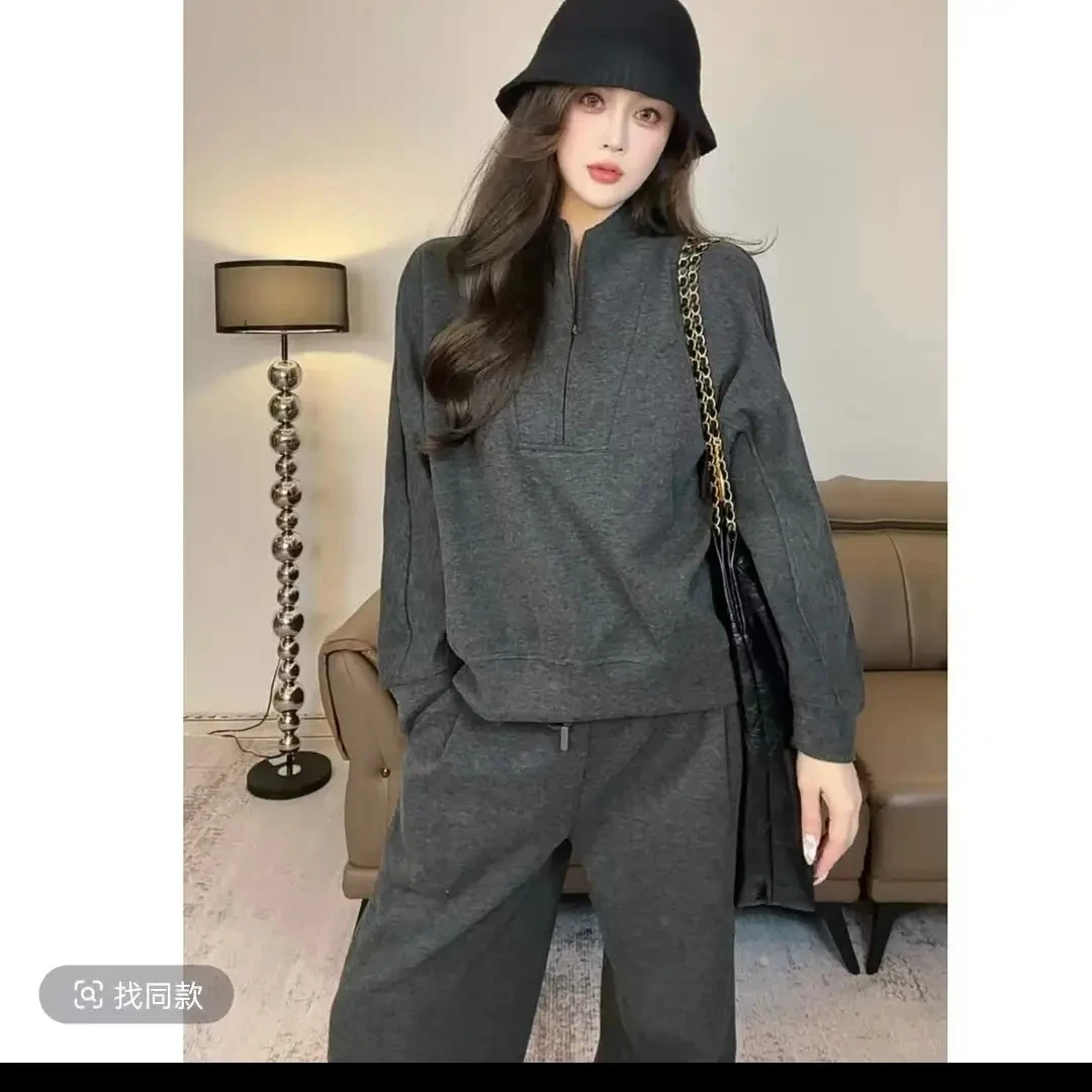高级感加绒半拉链卫衣长裤套装秋冬季舒适休闲百搭