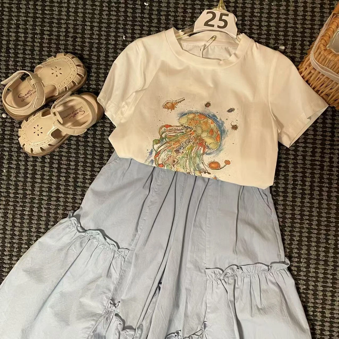 【42】-女童学院风套装夏季2025新款儿童服装卡通两件套25