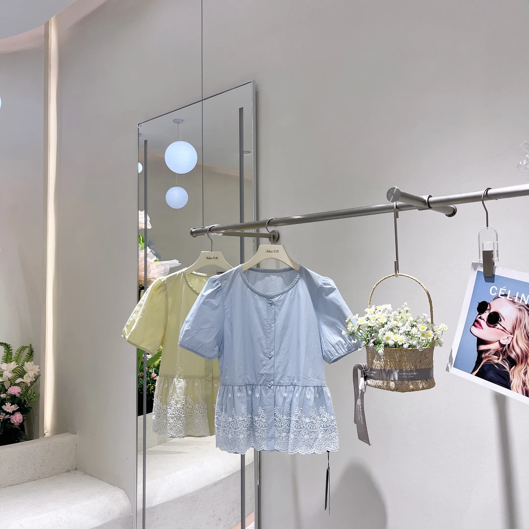 艾然夏季上新韩系简约高级百搭蕾丝下摆衬衫9746