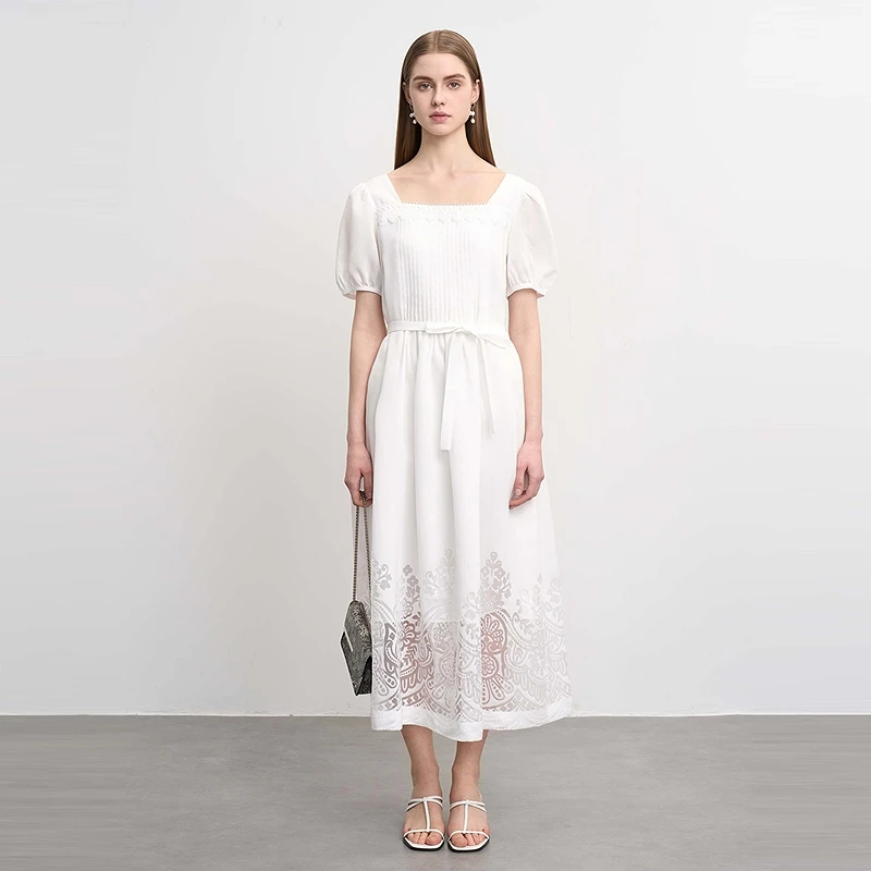 sdeer圣迪奥女装时尚气质显瘦方领风琴褶收腰印花连衣裙S25281207