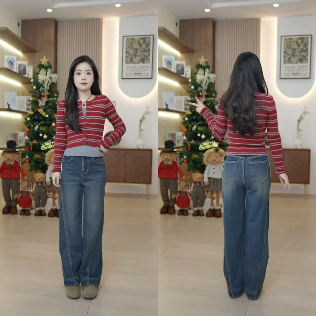 Z【冬季新款】怀旧蓝百搭加绒加厚直筒秋款女牛仔裤小个子显瘦宽松