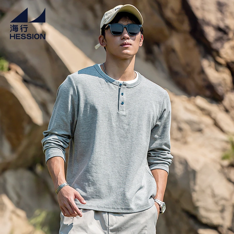 海行花灰色假两件长袖亨利领t恤男 2025秋季新款华夫格正肩打底衫