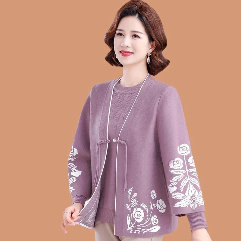 彩羊50多岁妈妈秋装针织外套洋派内搭中老年女时尚开 衫春秋两件