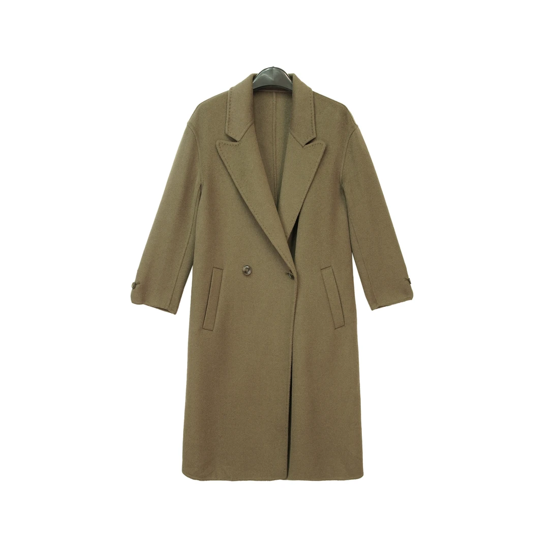 E22001【冬季新款】时尚墨绿色翻领袖口斜排扣后开叉宽松大衣秋冬