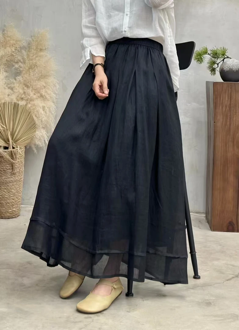 复古文艺百搭纯色显瘦松紧腰时尚半身裙 2553