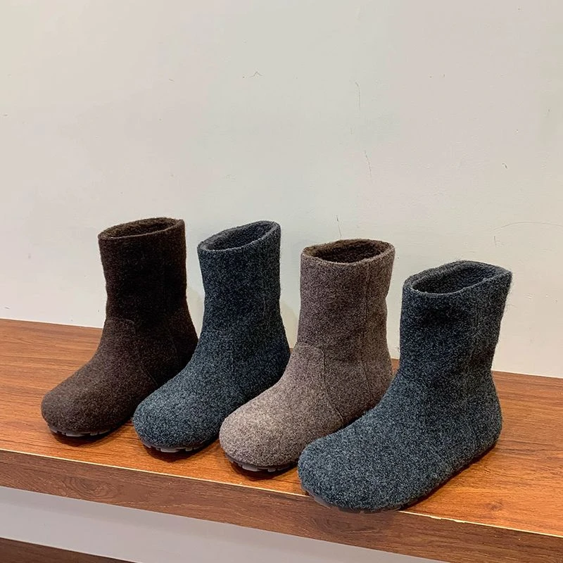 内增高复古毛呢加绒保暖短靴女2025秋冬新款马丁靴圆头短筒勃肯靴