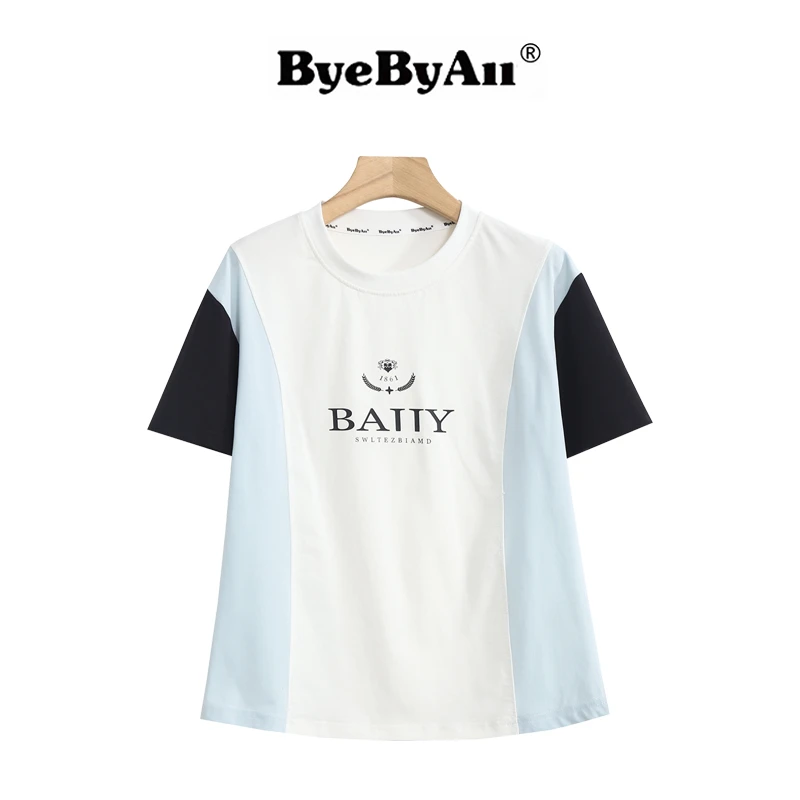 BYEBYALL潮牌字母印花拼接鱼骨线收腰显瘦遮肉T恤6603-1