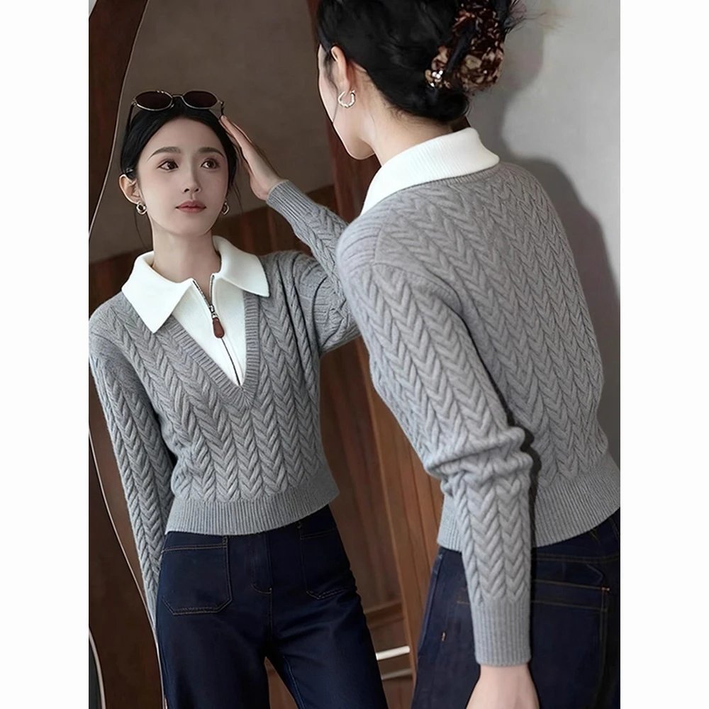 学院风灰色polo领麻花纹毛衣女秋冬新款设计感假两件套头针织上衣