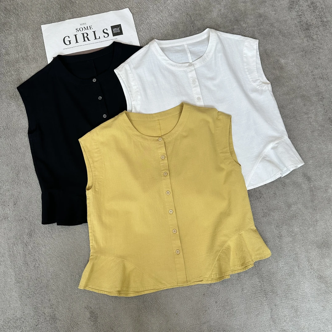 【米可家】荷叶边下摆亚麻棉小衫85263