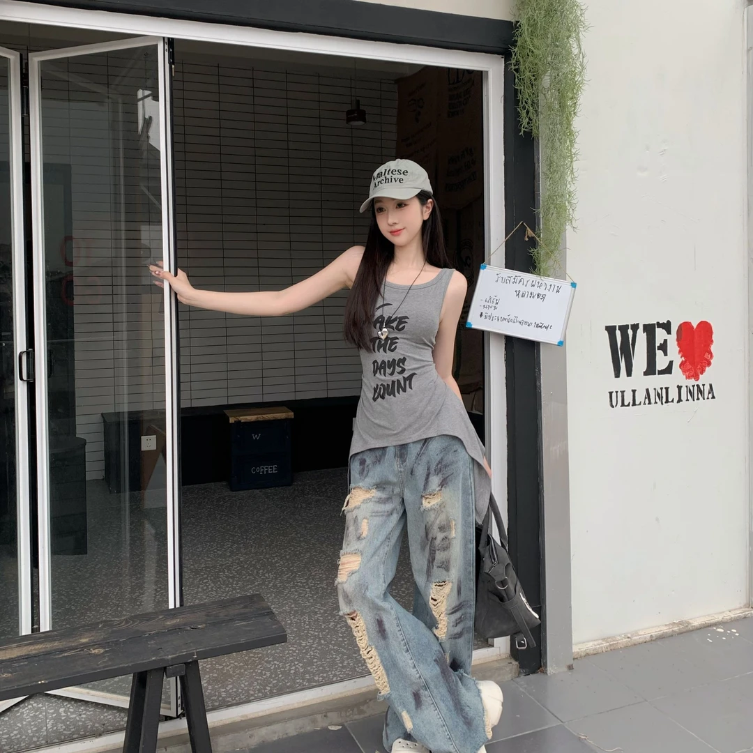 运补6-8 美式复古字母印花高弹背心女显瘦收腰设计感百搭无袖上衣