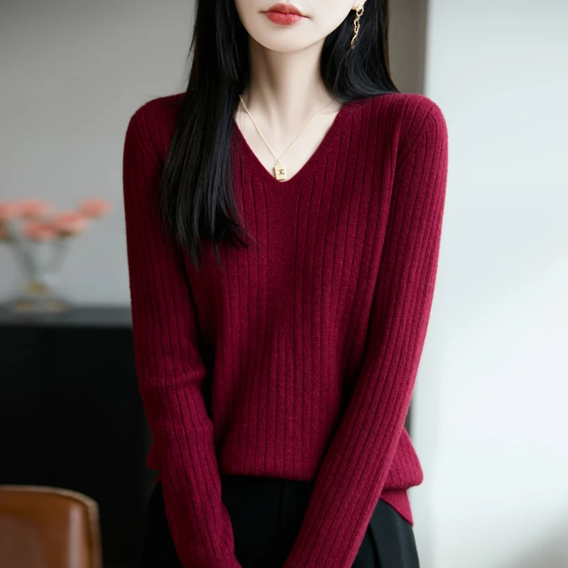 【一线成衣】秋冬宽松套头针织衫显瘦女长袖打底衫V领百搭毛衣上衣