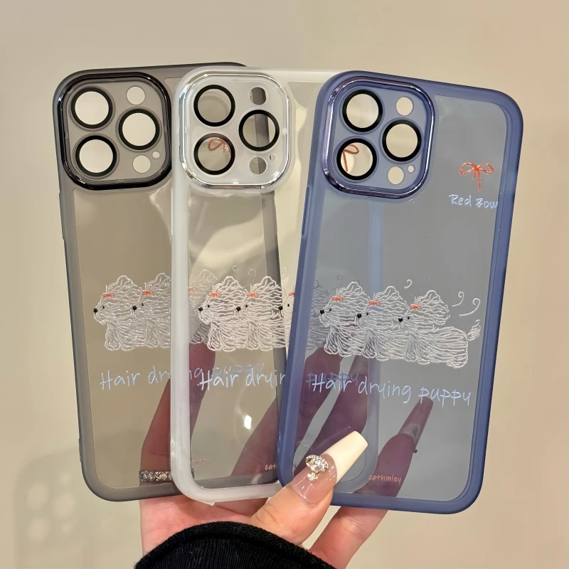 适用苹果16pro金属镜框防摔个性手机壳华为60涂鸦ins线条吹风狗狗